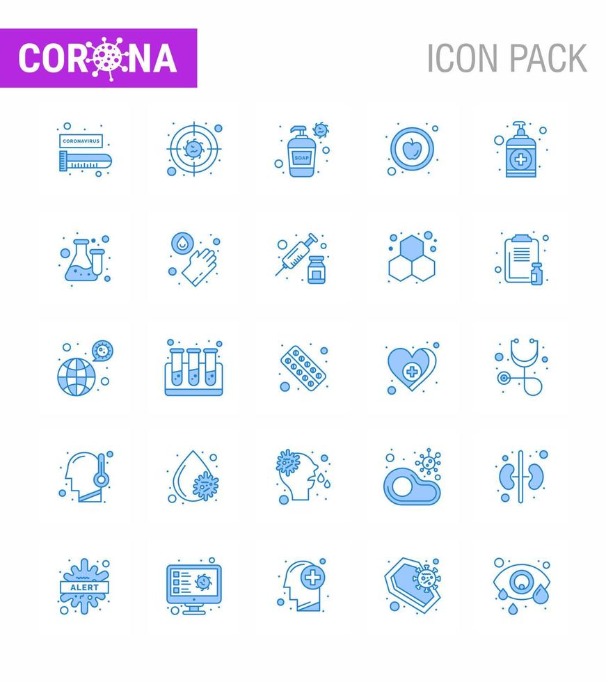 25 Blue Set of corona virus epidemic icons such as wash hand bottle healthy apple viral coronavirus 2019nov disease Vector Design Elements
