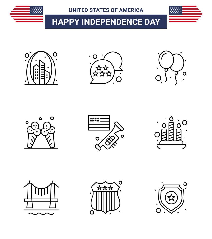 Line Pack of 9 USA Independence Day Symbols of flag cream chat bubble ice party Editable USA Day Vector Design Elements