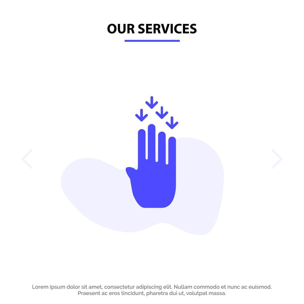 nuestros servicios dedo cuatro gesto hacia abajo icono de glifo sólido plantilla de tarjeta web vector