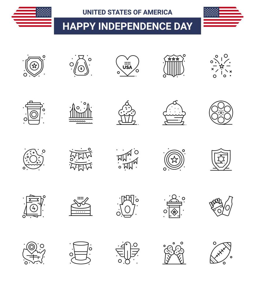 25 Creative USA Icons Modern Independence Signs and 4th July Symbols of american firework heart usa police badge Editable USA Day Vector Design Elements