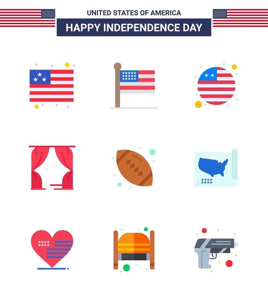 Happy Independence Day USA Pack of 9 Creative Flats of american ball rugby flag ball theatre Editable USA Day Vector Design Elements