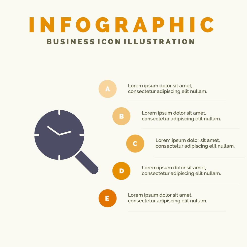 búsqueda investigación reloj reloj sólido icono infografía 5 pasos presentación antecedentes vector