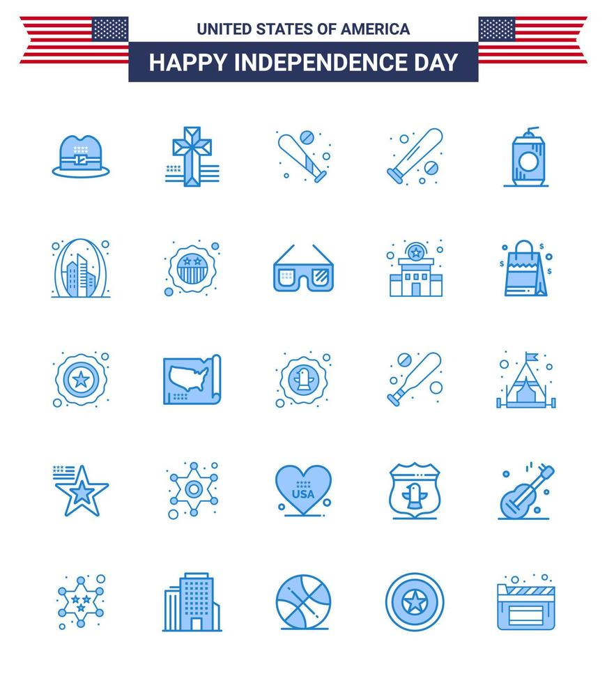 Set of 25 Modern Blues pack on USA Independence Day gate arch bat usa cola Editable USA Day Vector Design Elements