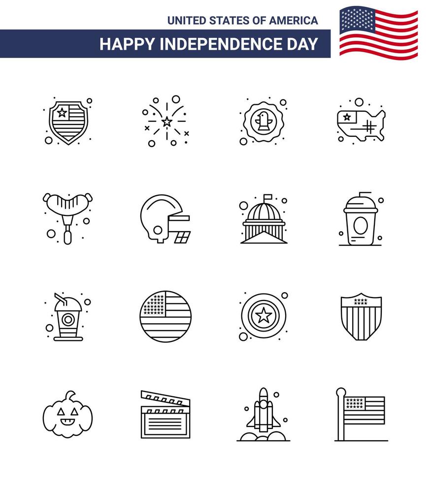 Pack of 16 USA Independence Day Celebration Lines Signs and 4th July Symbols such as frankfurter usa bird united map Editable USA Day Vector Design Elements