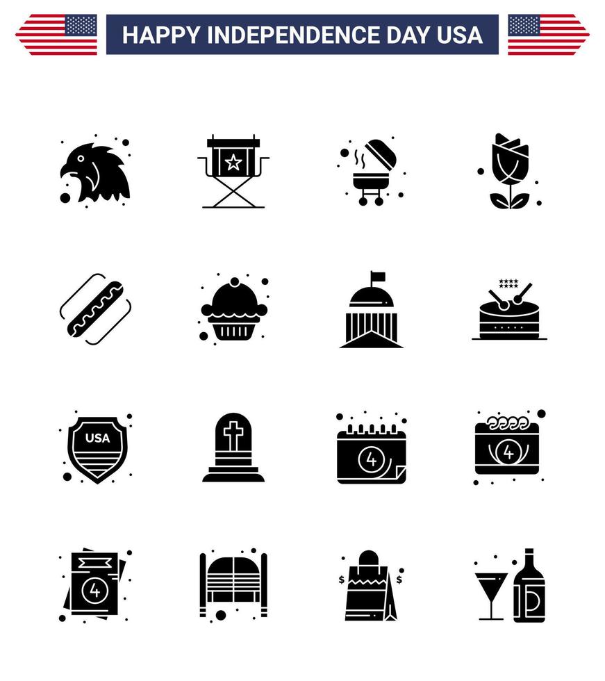 Pack of 16 creative USA Independence Day related Solid Glyphs of hotdog america barbecue plent imerican Editable USA Day Vector Design Elements