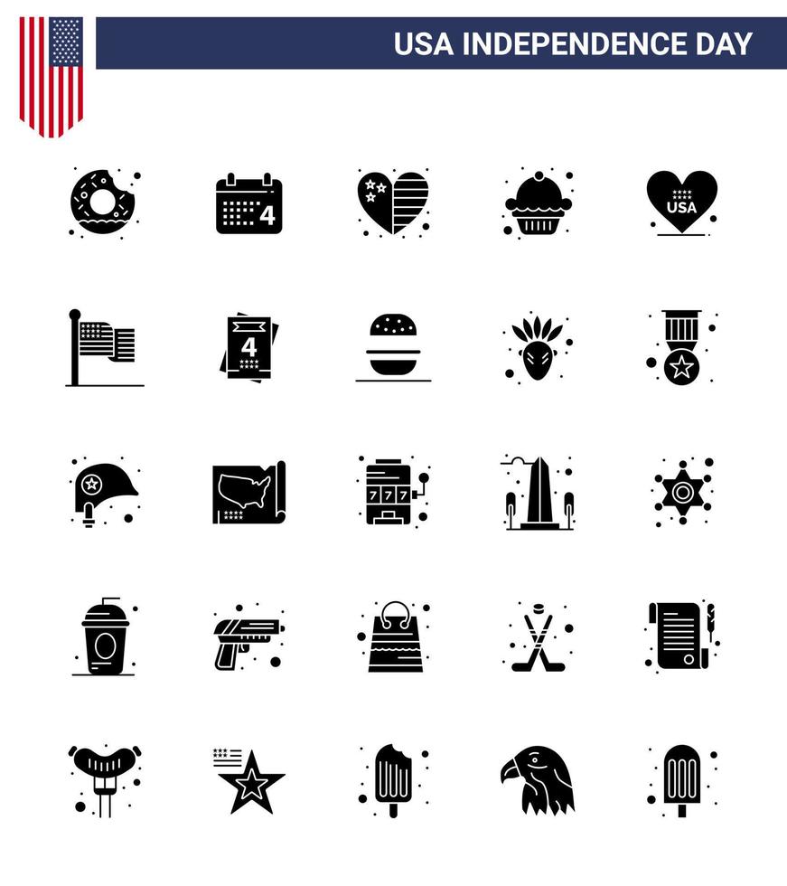 conjunto de 25 iconos del día de estados unidos símbolos americanos signos del día de la independencia para pastel de muffin de corazón americano elementos de diseño de vector de día de estados unidos editables