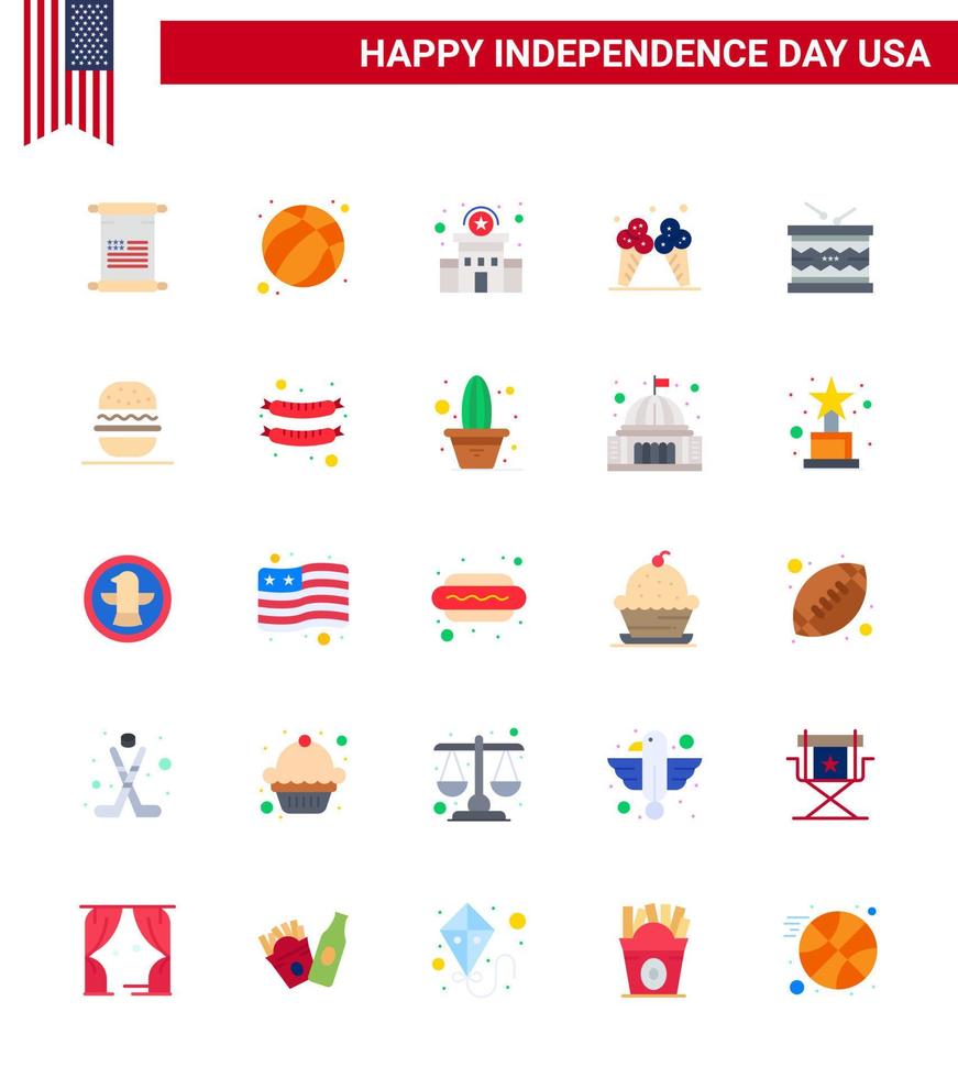 Modern Set of 25 Flats and symbols on USA Independence Day such as instrument american building cream icecream Editable USA Day Vector Design Elements