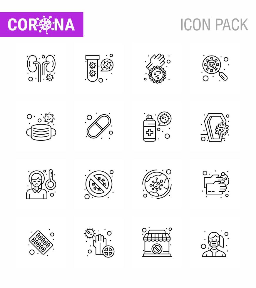 Coronavirus Prevention Set Icons 16 Line icon such as magnifying glass virus devirus virus viral coronavirus 2019nov disease Vector Design Elements