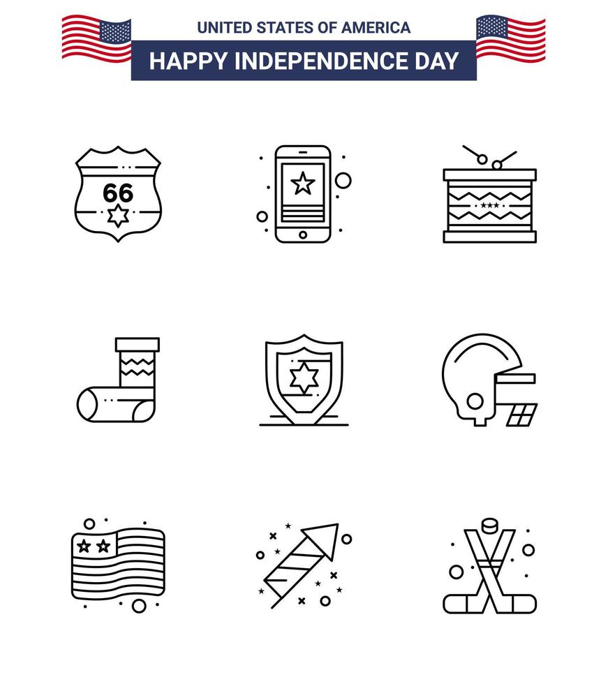 Modern Set of 9 Lines and symbols on USA Independence Day such as gift christmas phone celebration parade Editable USA Day Vector Design Elements