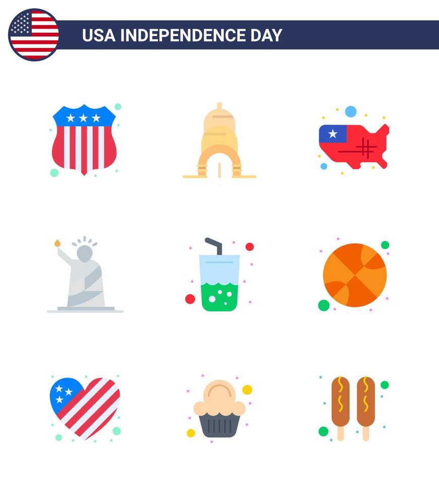 Happy Independence Day 4th July Set of 9 Flats American Pictograph of summer glass united usa of Editable USA Day Vector Design Elements