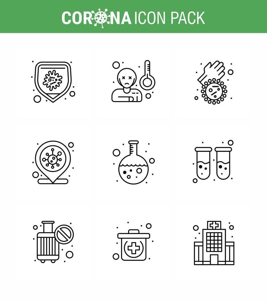 Coronavirus Precaution Tips icon for healthcare guidelines presentation 9 Line icon pack such as flask infection place bacteria covid location viral coronavirus 2019nov disease Vector Design Ele