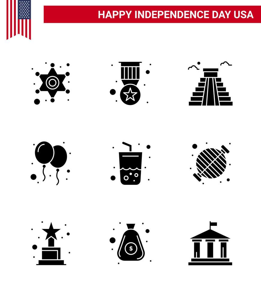 Happy Independence Day USA Pack of 9 Creative Solid Glyphs of drink party building day balloons Editable USA Day Vector Design Elements