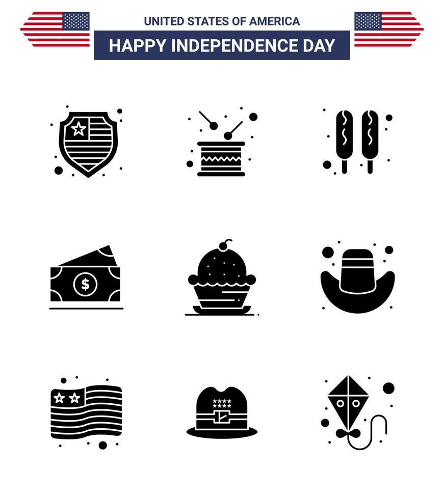 usa feliz día de la independencia pictograma conjunto de 9 glifos sólidos simples de muffin cake corn dog usa dinero editable usa day elementos de diseño vectorial vector