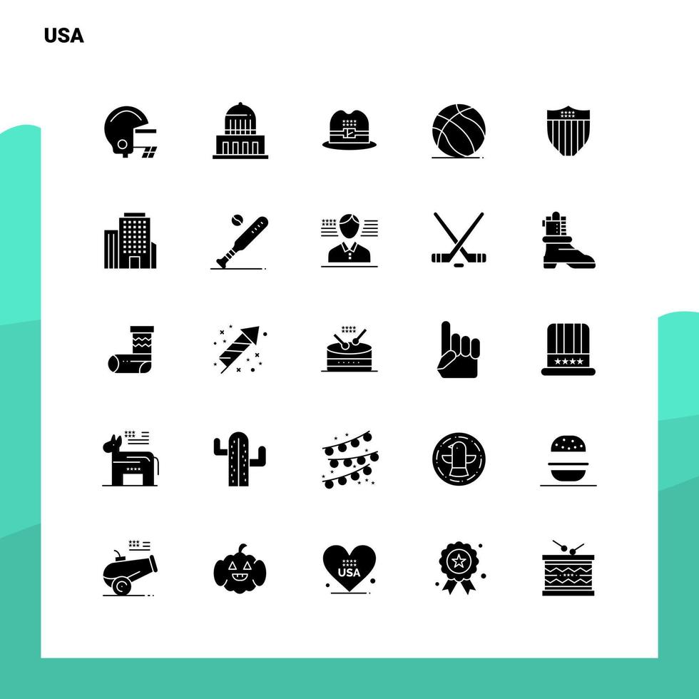 25 conjunto de iconos de EE. UU. Plantilla de ilustración de vector de icono de glifo sólido para ideas web y móviles para empresa comercial
