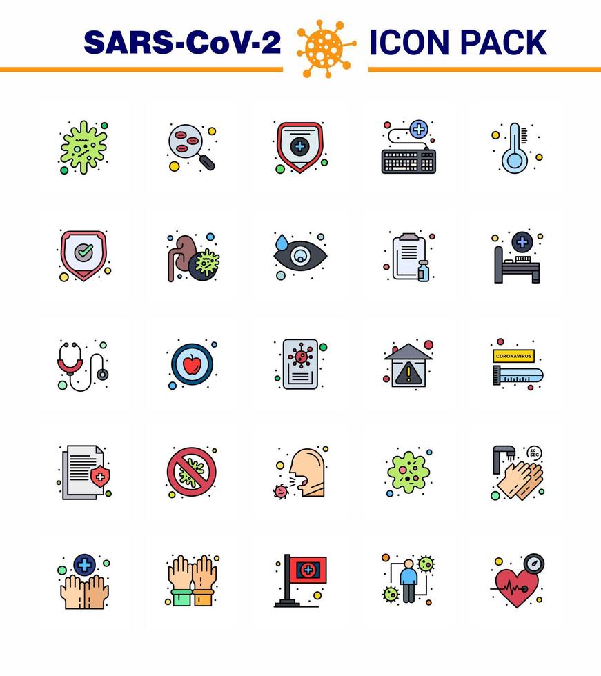Coronavirus Precaution Tips icon for healthcare guidelines presentation 25 Flat Color Filled Line icon pack such as healthcare medical test online attach viral coronavirus 2019nov disease Vector