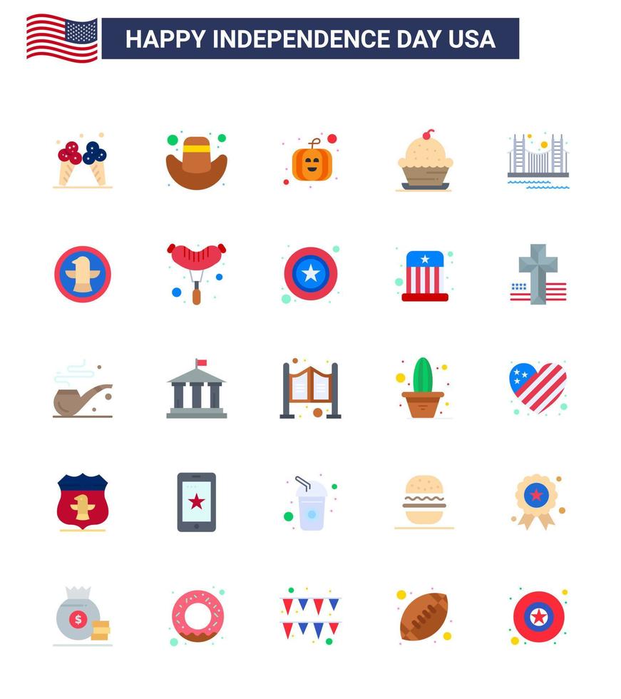 paquete de iconos de vectores de stock del día americano 25 signos y símbolos planos para muffin de acción de gracias de calabaza de puente dorado elementos de diseño de vectores de día de estados unidos editables