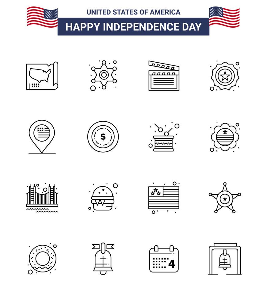 Pack of 16 creative USA Independence Day related Lines of location flag american badge american Editable USA Day Vector Design Elements