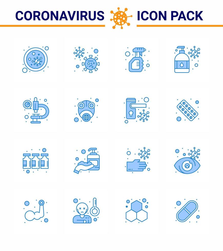 16 Blue viral Virus corona icon pack such as virus protection manicure hand wash bottle viral coronavirus 2019nov disease Vector Design Elements