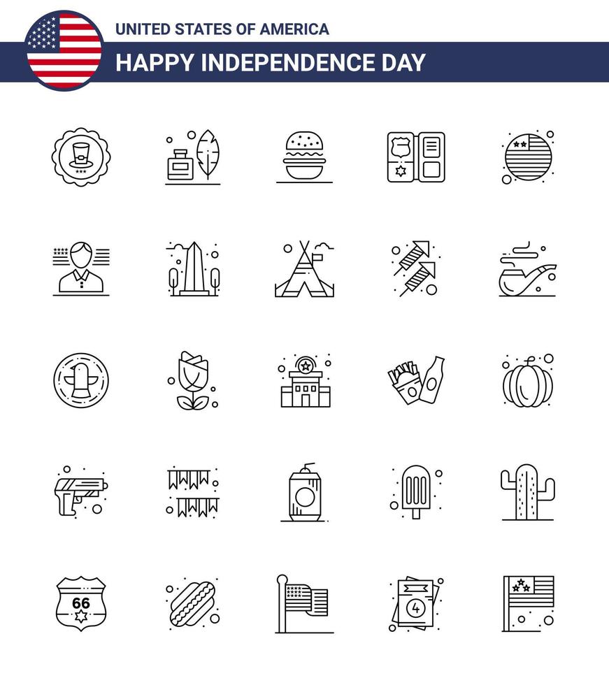 conjunto moderno de 25 líneas y símbolos en el día de la independencia de estados unidos, como flag star burger american book elementos editables de diseño vectorial del día de estados unidos vector