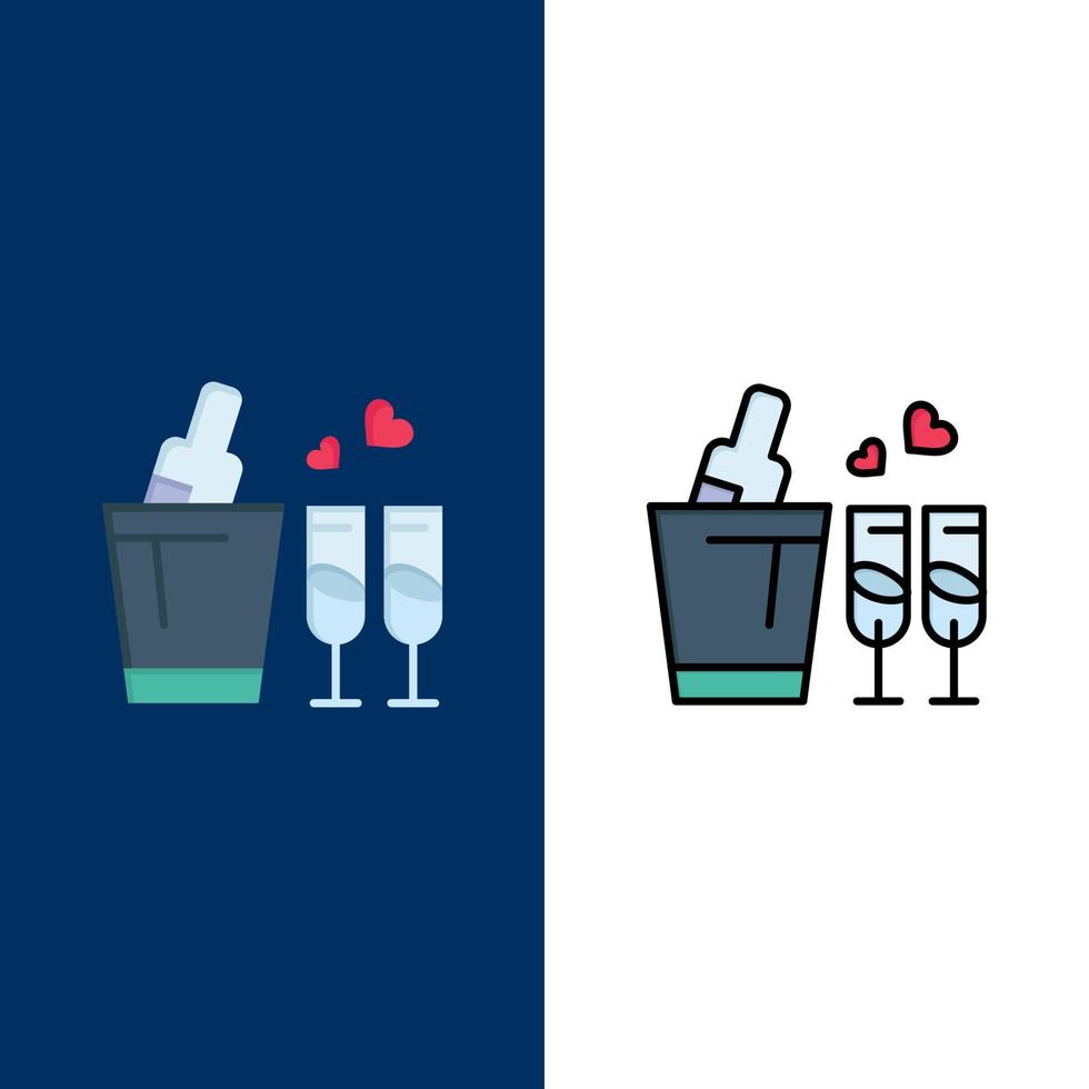 botella vidrio amor boda iconos plano y línea llena icono conjunto vector fondo azul