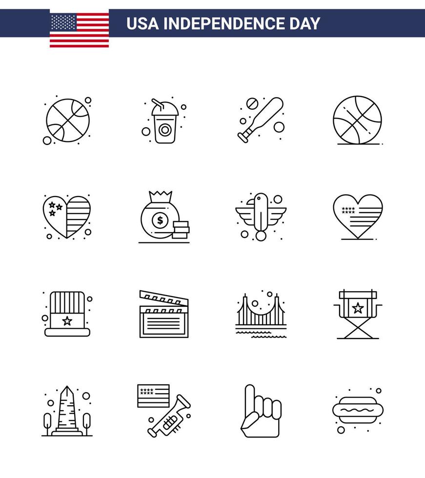 Happy Independence Day 16 Lines Icon Pack for Web and Print flag heart baseball usa ball Editable USA Day Vector Design Elements