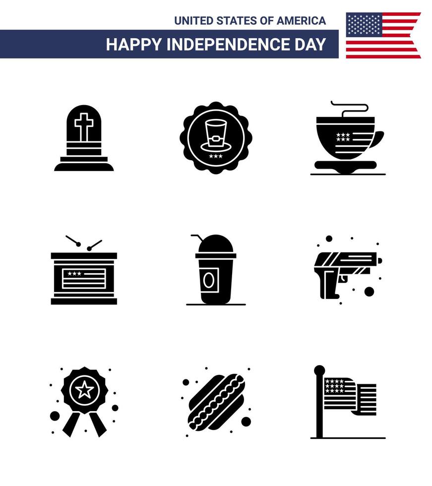 Pack of 9 creative USA Independence Day related Solid Glyphs of limonade america tea independence day holiday Editable USA Day Vector Design Elements