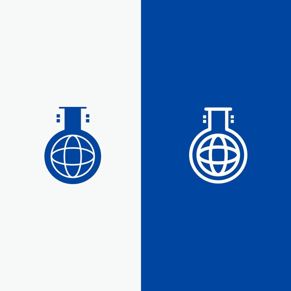 matraz químico experimento de química línea y glifo icono sólido banner azul línea y glifo icono sólido banner azul vector