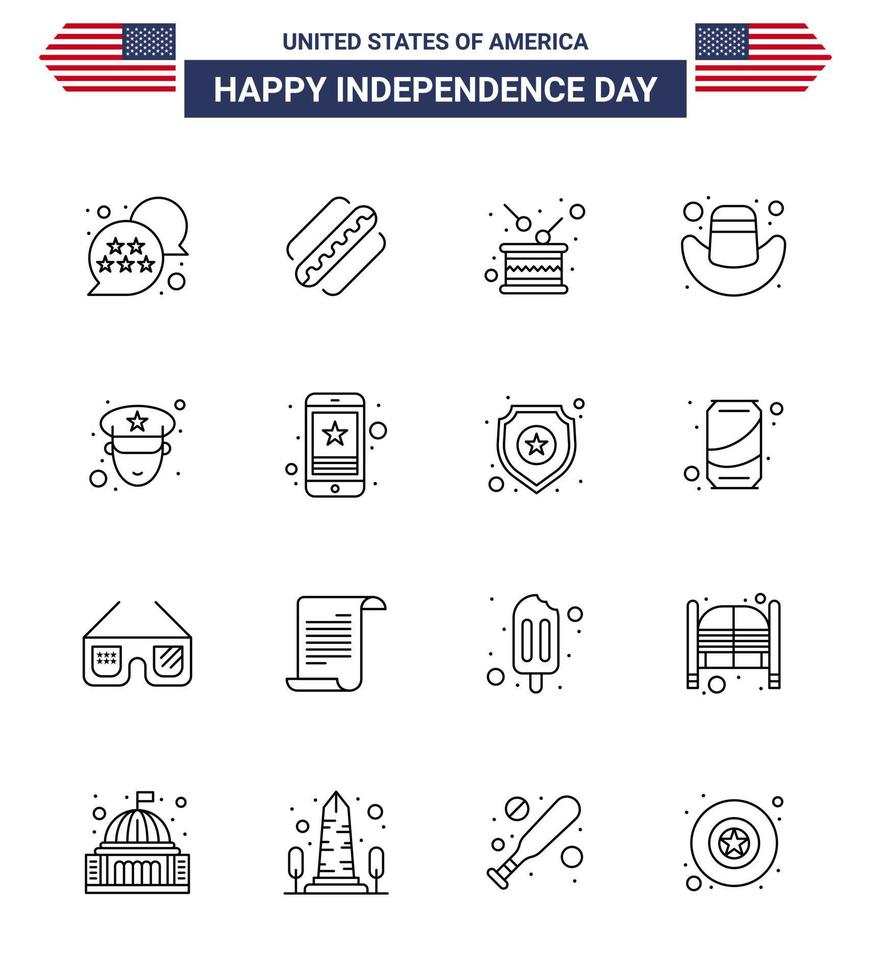 paquete de iconos de vector de stock de día americano 16 signos y símbolos de línea para sombrero de oficial gorra de día independencia elementos de diseño de vector de día de estados unidos editables