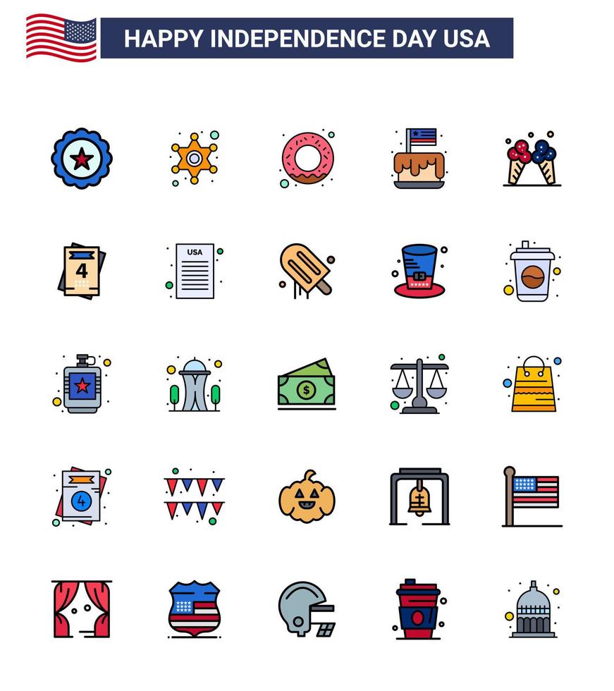 conjunto de 25 líneas vectoriales rellenas planas el 4 de julio, día de la independencia de estados unidos, como ice usa donut party cake, elementos de diseño vectorial editables del día de estados unidos vector