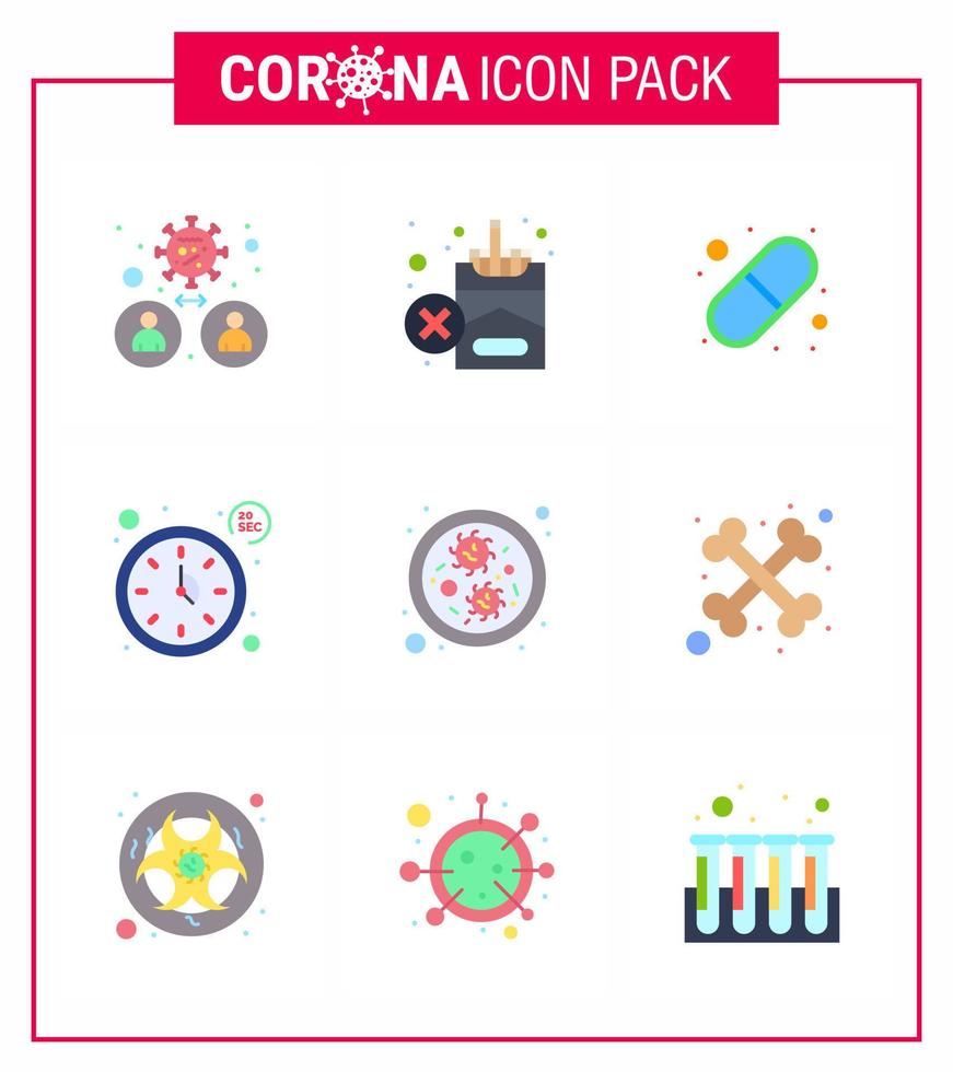 Conjunto de 9 colores planos de íconos epidémicos del virus de la corona, como bacterias, tiempo, cigarrillos, segundos, píldoras, coronavirus viral 2019nov, elementos de diseño de vectores de enfermedades