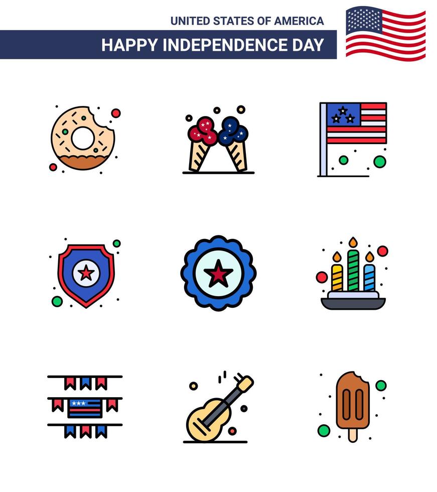 feliz día de la independencia 4 de julio conjunto de 9 líneas planas llenas pictografía americana de bebida signo día estrella escudo elementos de diseño de vector de día de estados unidos editables