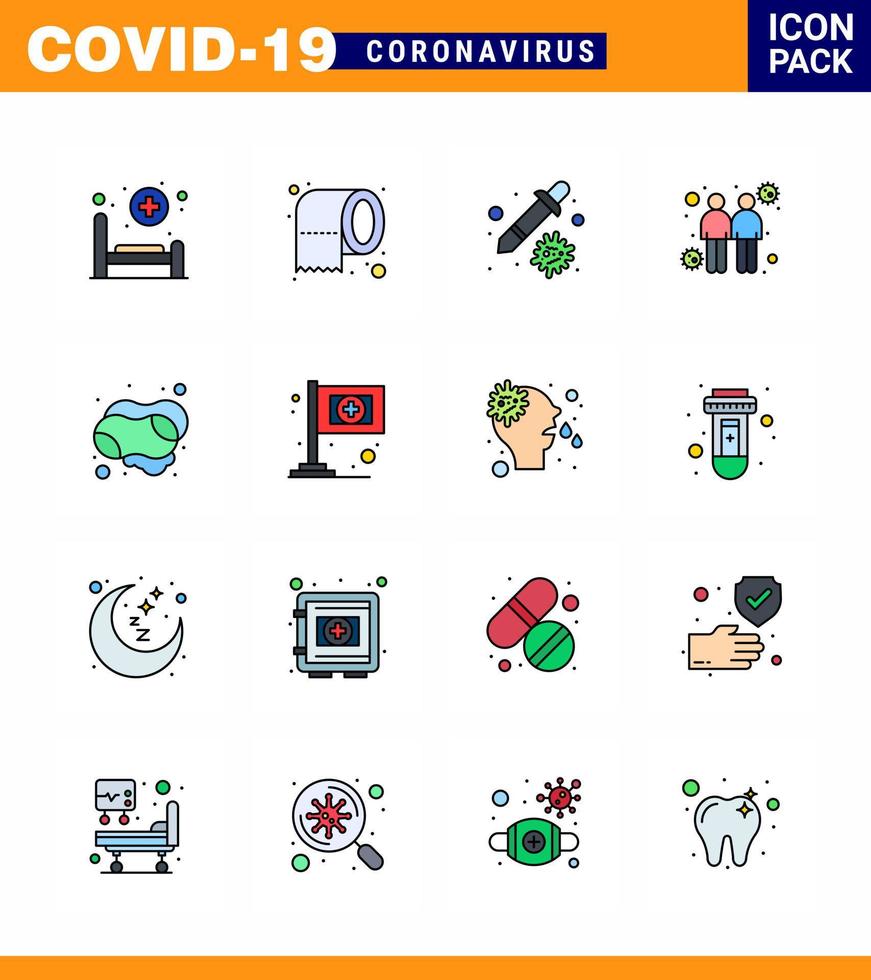 Covid19 icon set for infographic 16 Flat Color Filled Line pack such as hand transmitters dropper touch coronavirus viral coronavirus 2019nov disease Vector Design Elements