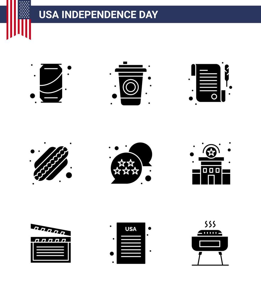 USA Happy Independence DayPictogram Set of 9 Simple Solid Glyphs of building star receipt usa states Editable USA Day Vector Design Elements