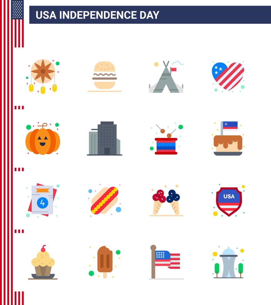 Happy Independence Day USA Pack of 16 Creative Flats of pumpkin love tent free heart american Editable USA Day Vector Design Elements