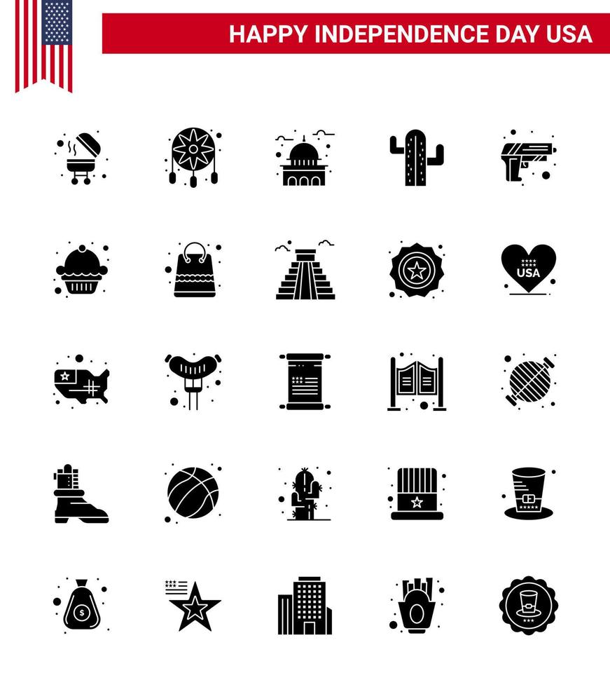 Pack of 25 USA Independence Day Celebration Solid Glyph Signs and 4th July Symbols such as security american house plent cactus Editable USA Day Vector Design Elements