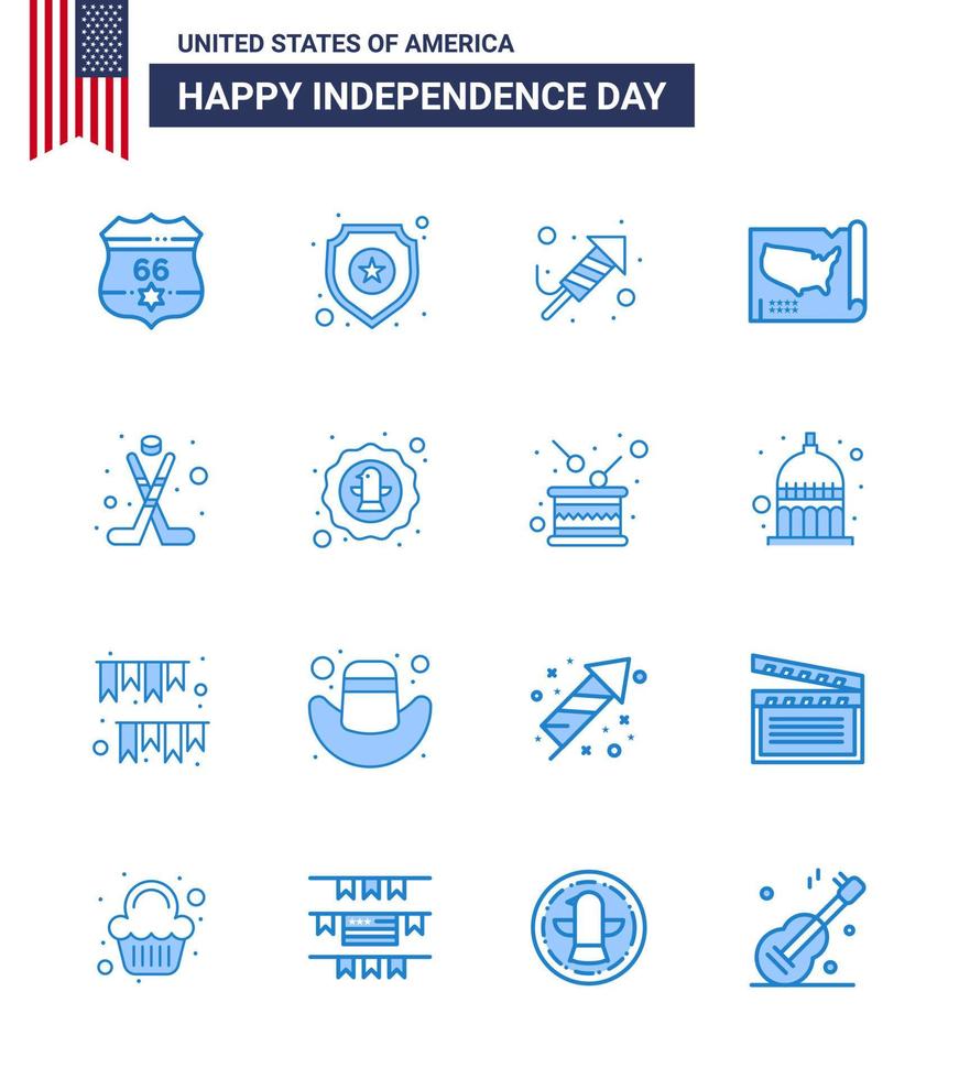 usa feliz día de la independencia pictograma conjunto de 16 blues simple de hokey usa fire work united map editable usa day elementos de diseño vectorial vector