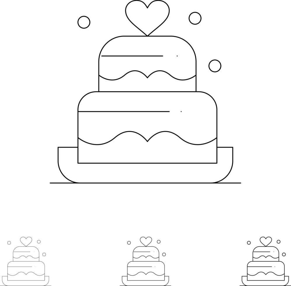 Cake Love Heart Wedding Bold and thin black line icon set vector