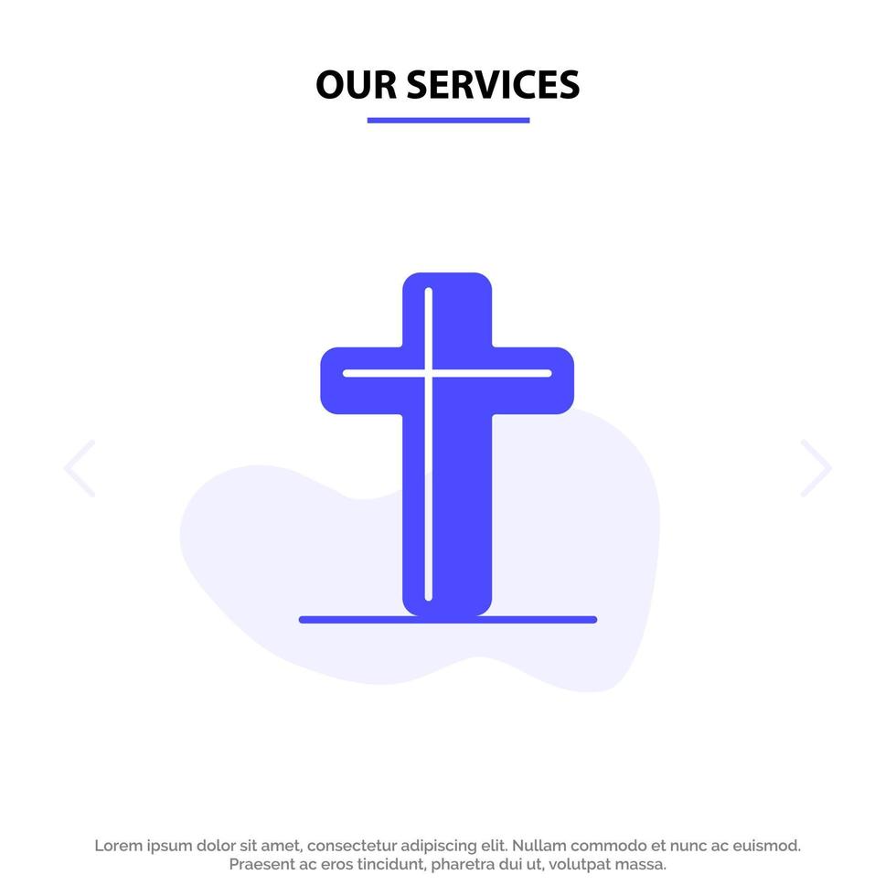 nuestros servicios celebración cruz cristiana pascua icono de glifo sólido plantilla de tarjeta web vector