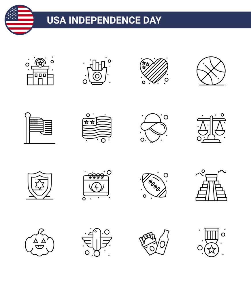 Happy Independence Day USA Pack of 16 Creative Lines of flag usa american sports backetball Editable USA Day Vector Design Elements