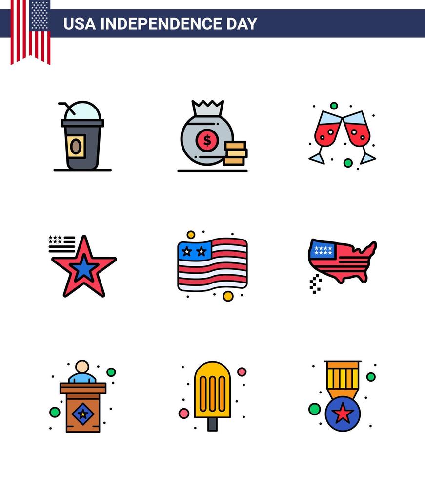 paquete de línea llena plana de 9 símbolos del día de la independencia de estados unidos de estados unidos cerveza país elementos de diseño de vector de día de estados unidos editables estadounidenses