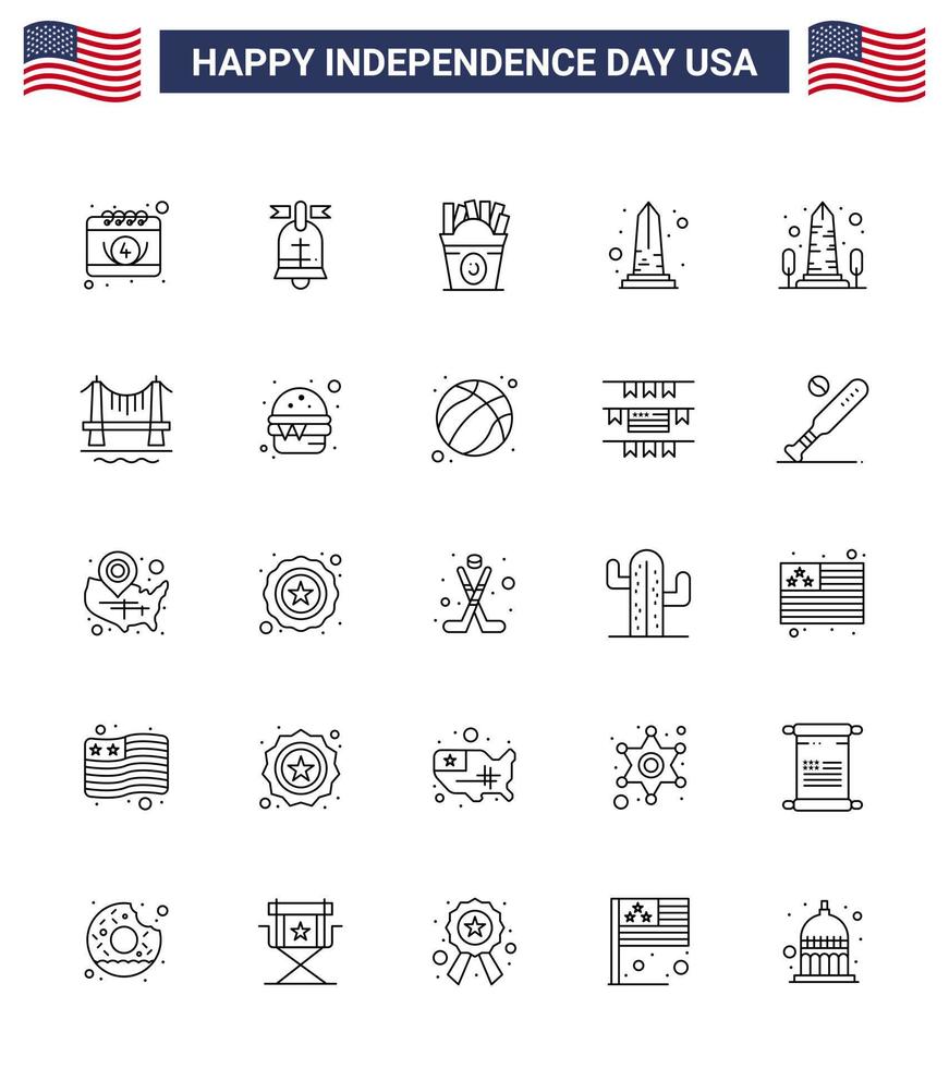 conjunto de 25 líneas modernas en el puente del día de la independencia de estados unidos usa frise vista punto de referencia editable elementos de diseño vectorial del día de estados unidos vector