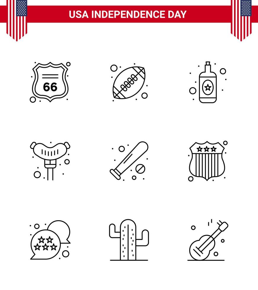 USA Happy Independence DayPictogram Set of 9 Simple Lines of sports baseball alcohol ball frankfurter Editable USA Day Vector Design Elements