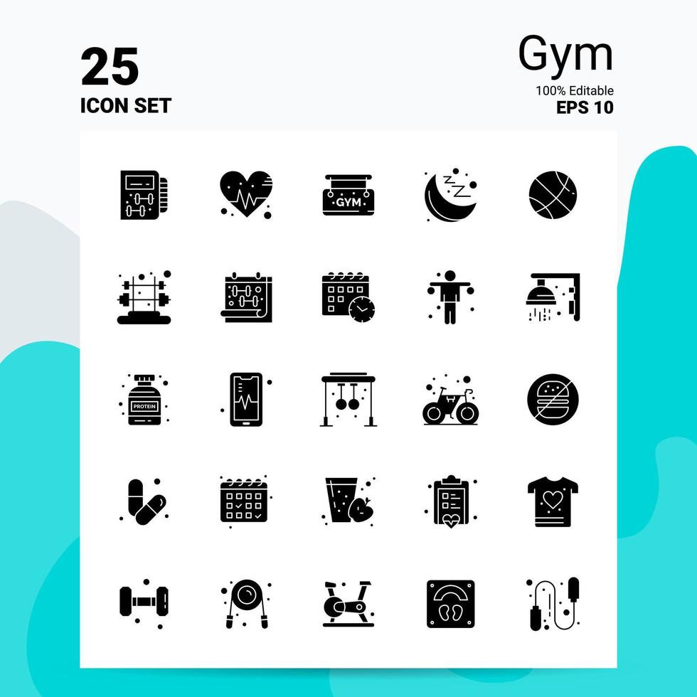 25 Gym Icon Set 100 Editable EPS 10 Files Business Logo Concept Ideas Solid Glyph icon design vector