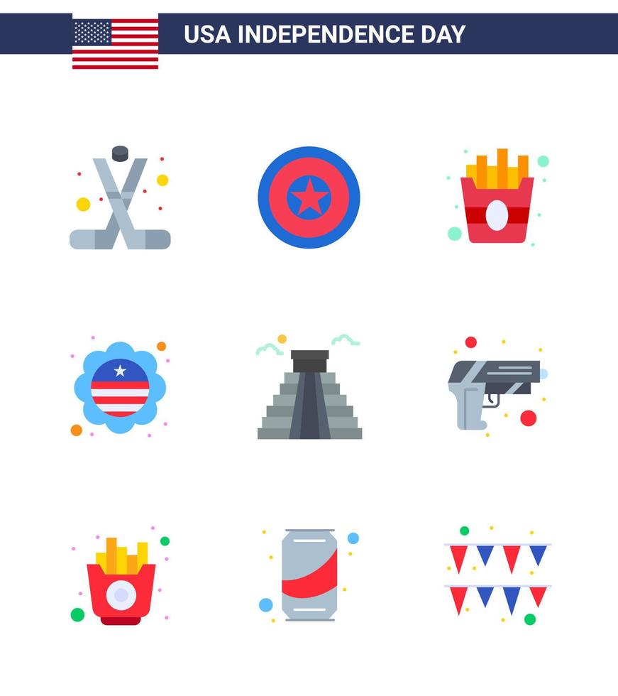 paquete de 9 letreros planos de celebración del día de la independencia de EE. UU. Y símbolos del 4 de julio, como insignia histórica, medalla, bandera internacional, país editable, elementos de diseño vectorial del día de EE. UU. vector