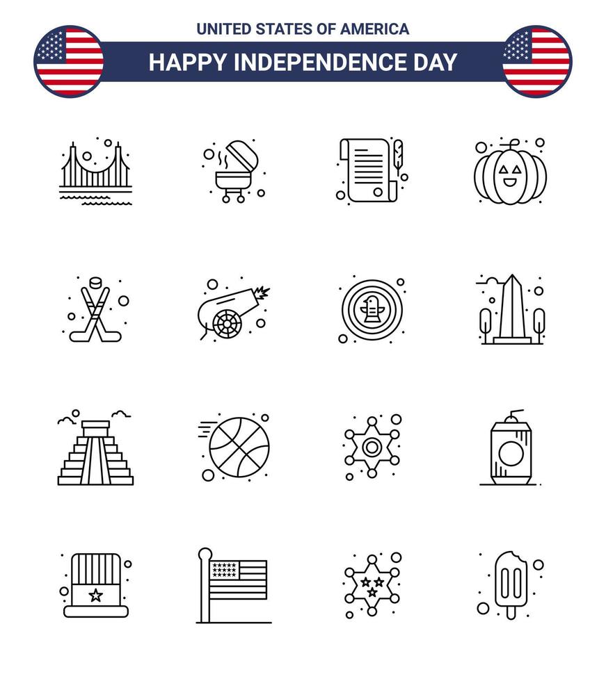 Line Pack of 16 USA Independence Day Symbols of sport hokey paper american pumpkin Editable USA Day Vector Design Elements