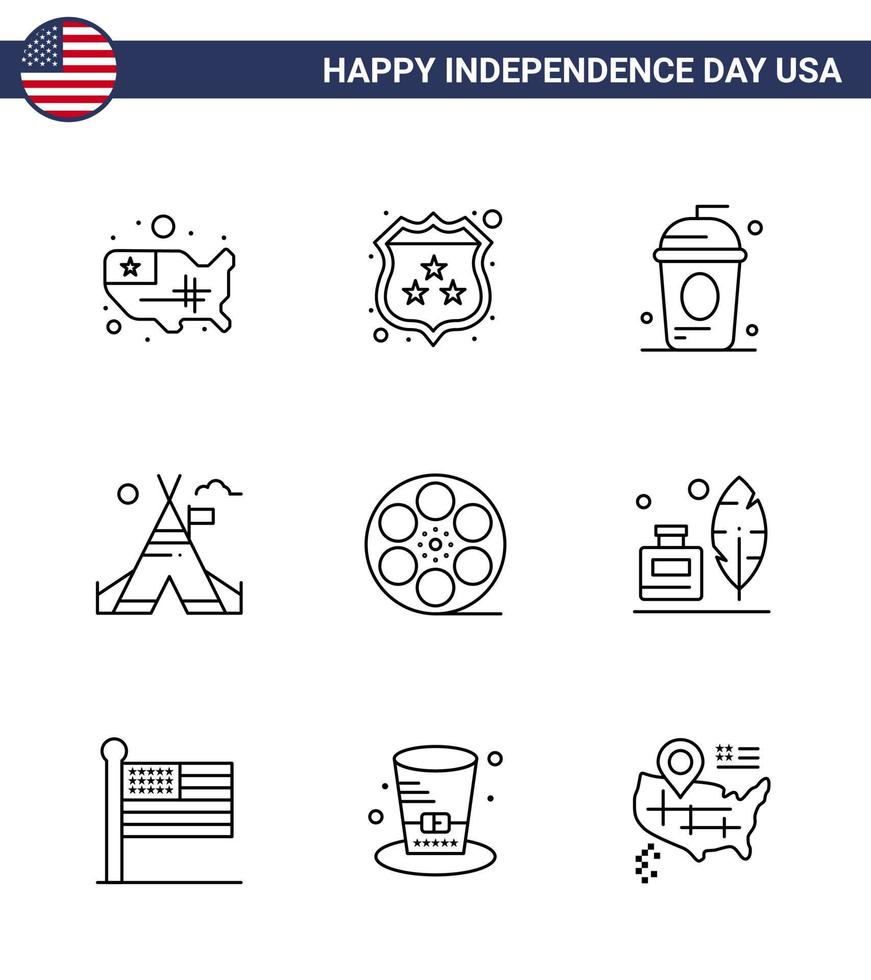 Set of 9 Modern Lines pack on USA Independence Day movis camp cake tent independece Editable USA Day Vector Design Elements