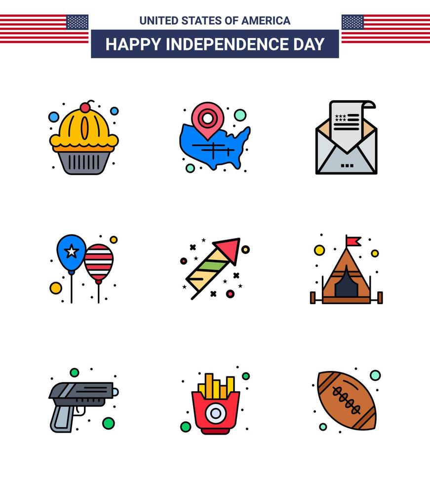 Happy Independence Day 9 Flat Filled Lines Icon Pack for Web and Print party celebrate location pin balloons invitation Editable USA Day Vector Design Elements