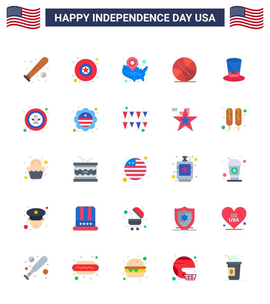 Stock Vector Icon Pack of American Day 25 Flat Signs and Symbols for day sports map ball location pin Editable USA Day Vector Design Elements