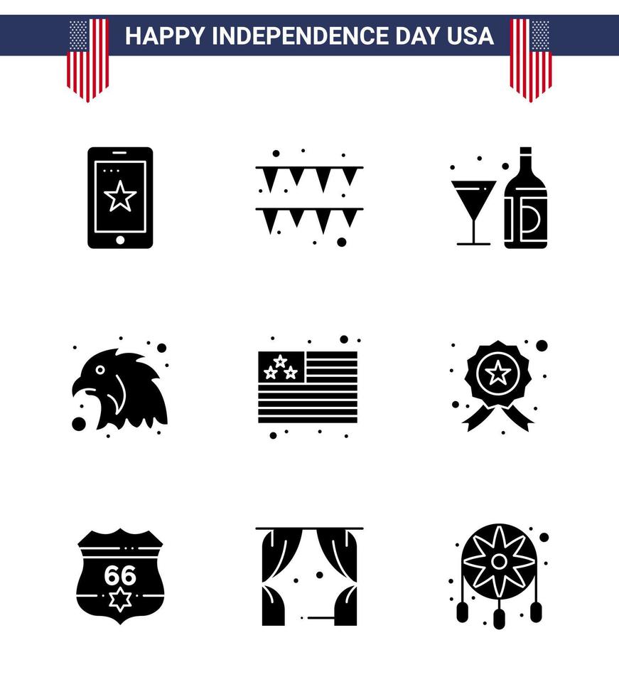 Happy Independence Day USA Pack of 9 Creative Solid Glyphs of usa country wine eagle animal Editable USA Day Vector Design Elements