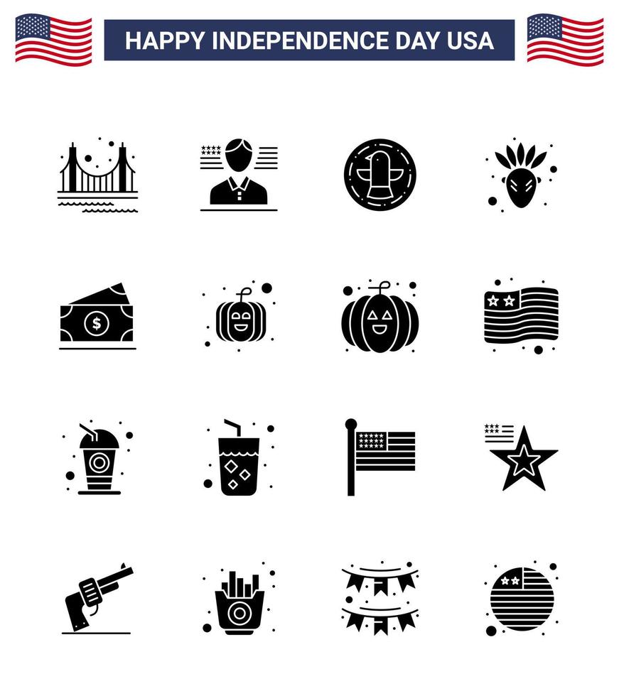 Set of 16 Modern Solid Glyphs pack on USA Independence Day amearican dollar american thanksgiving american Editable USA Day Vector Design Elements